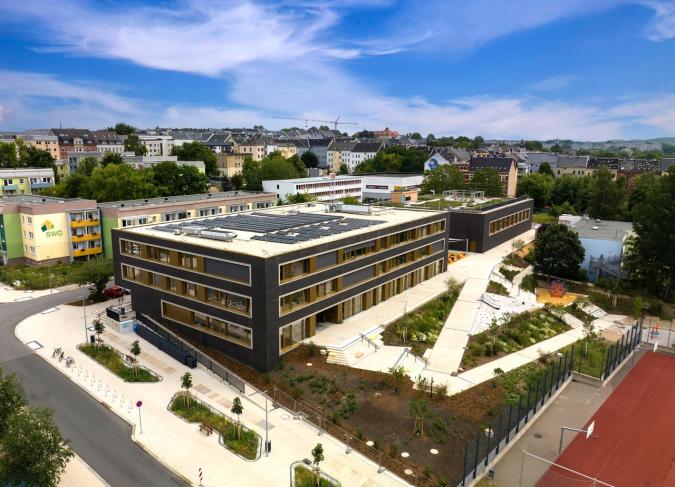 Das Bild zeigt die Grundschule "Südlicher Sonnenberg" von oben.