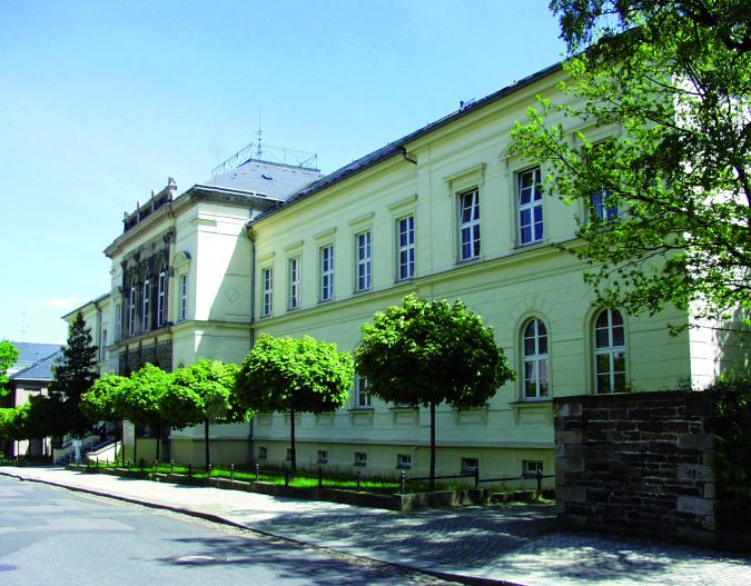 Historisches Schulgebäude mit vielen Fenstern vor blauem Himmel mit 5 Kugelahorn-Bäume davor