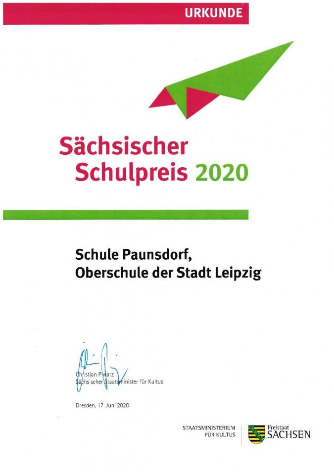 Urkunde des Staatsministers für Kultus zum Sächsischen Schulpreis 2020